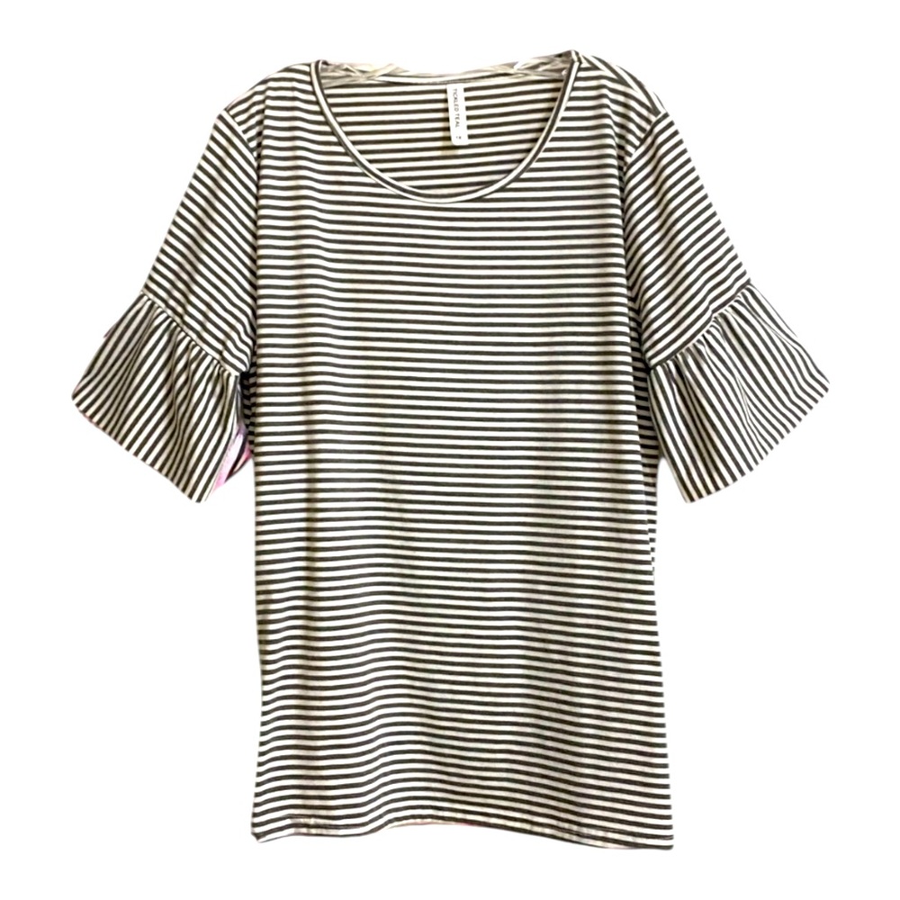 Charcoal Gray Striped Elevated Tee with Ruffle Sleeves - Sz 1X